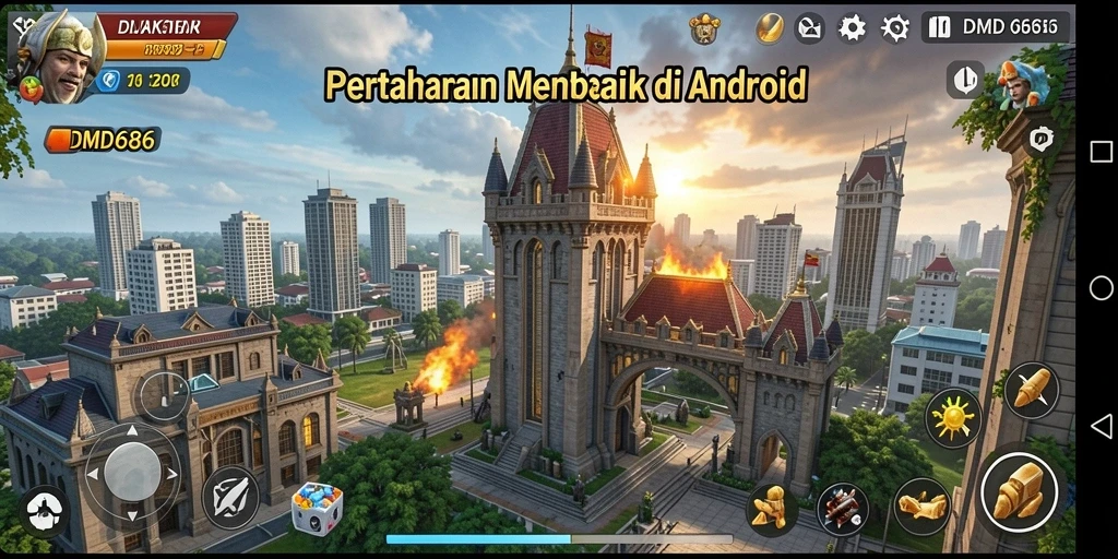 Tampilan gameplay menakjubkan dalam DMD686 dengan pertahanan menara yang strategis.