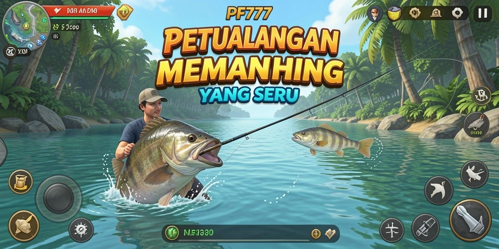 Tampilan utama gameplay PF777 dengan karakter memancing yang aktif.