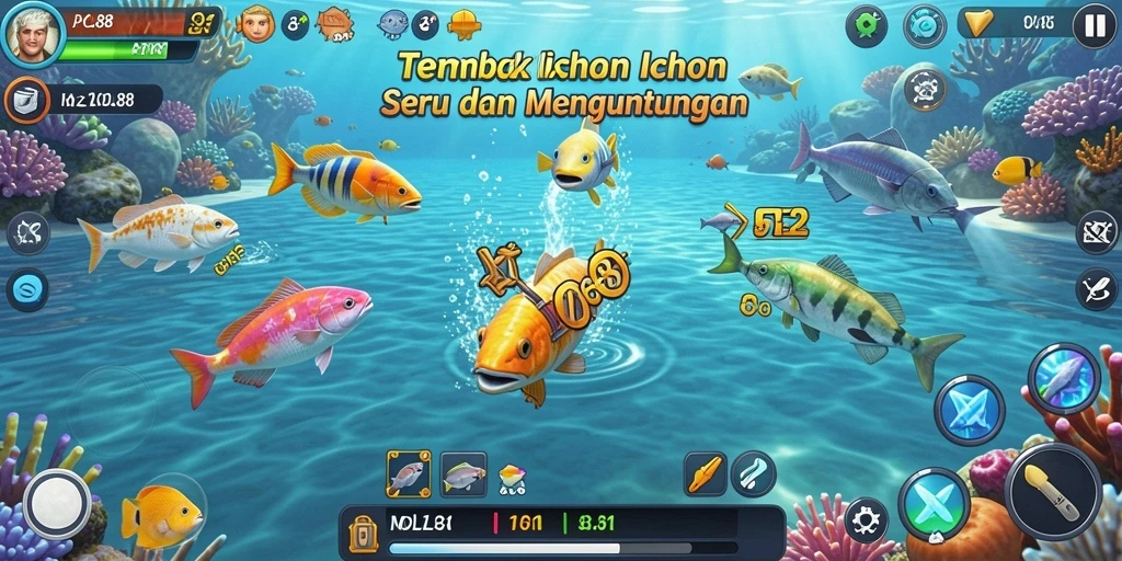 Screenshot gameplay POL88 menunjukkan keseruan menembak ikan di bawah laut.