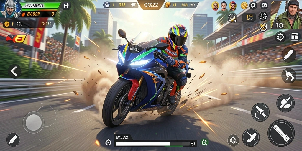 Tampilan gameplay QQ222 yang menampilkan balapan motor menegangkan.