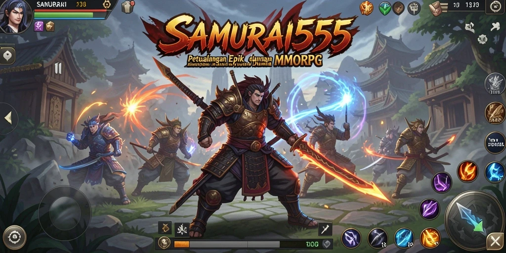 Tangkapan layar utama SAMURAI555 menampilkan aksi pertarungan epik dalam dunia MMORPG.
